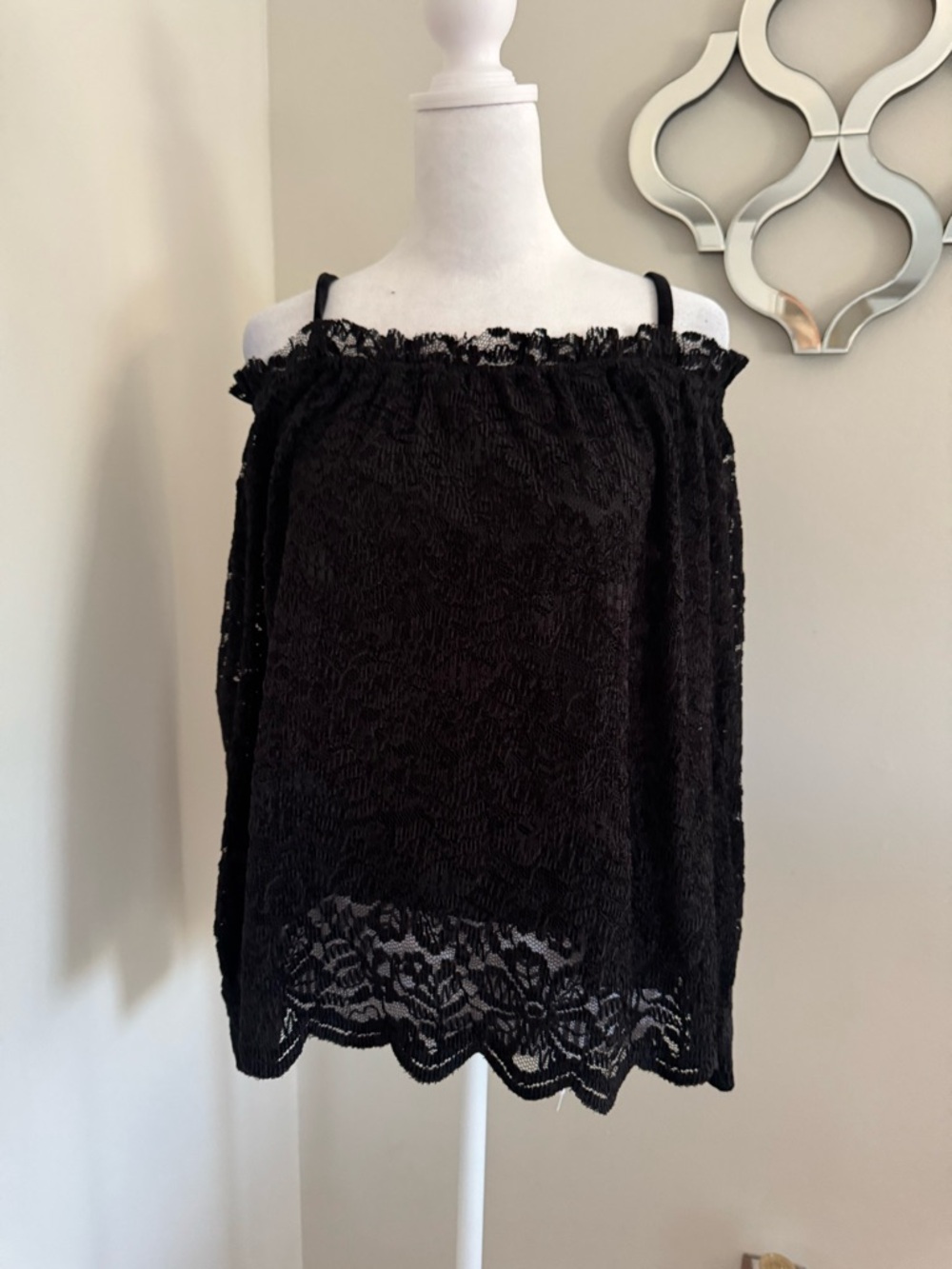Women's Black Lace Off-Shoulder Blouse with Straps
